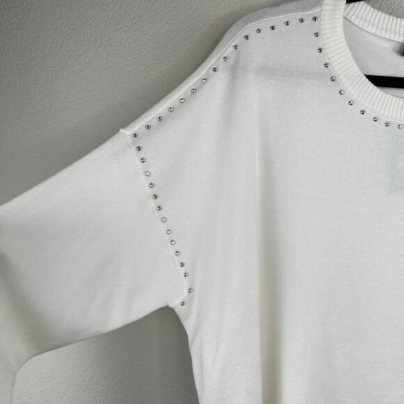 DKNY White Crewneck Stud Trim Split Hem Oversized Long Sleeve Sweater XL NWT - Picture 7 of 14